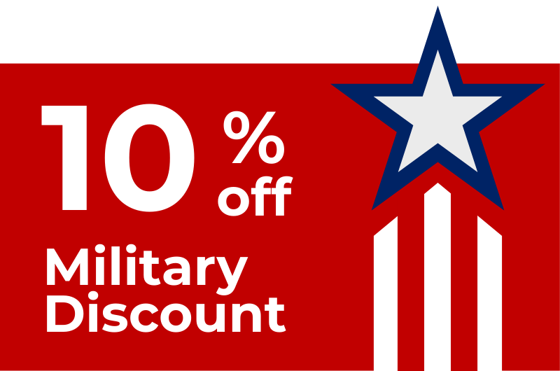 Graphic showing a 10 off military discount with a patriotic star design offering savings for military personnel in Doral Fl Hand It to Us Handyman Services