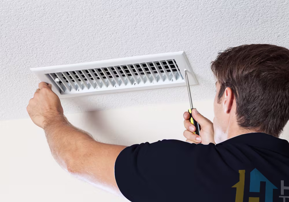 Miami handyman repairing a ceiling vent using a screwdriver for maintenance in Coral Gable, Fl